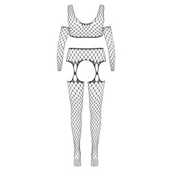 Cottelli Fantasy 3-delt Mesh Lingeris�t � Sort med Hold-up Str�mpebukser