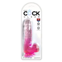 King Cock Clear 18 cm  Transparent Pink Dildo med Kugler og Sugekop