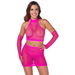 Cottelli Fantasy St i Pink Mesh med Crop Top, Nederdel og Handsker