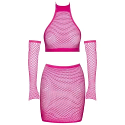 Cottelli Fantasy St i Pink Mesh med Crop Top, Nederdel og Handsker